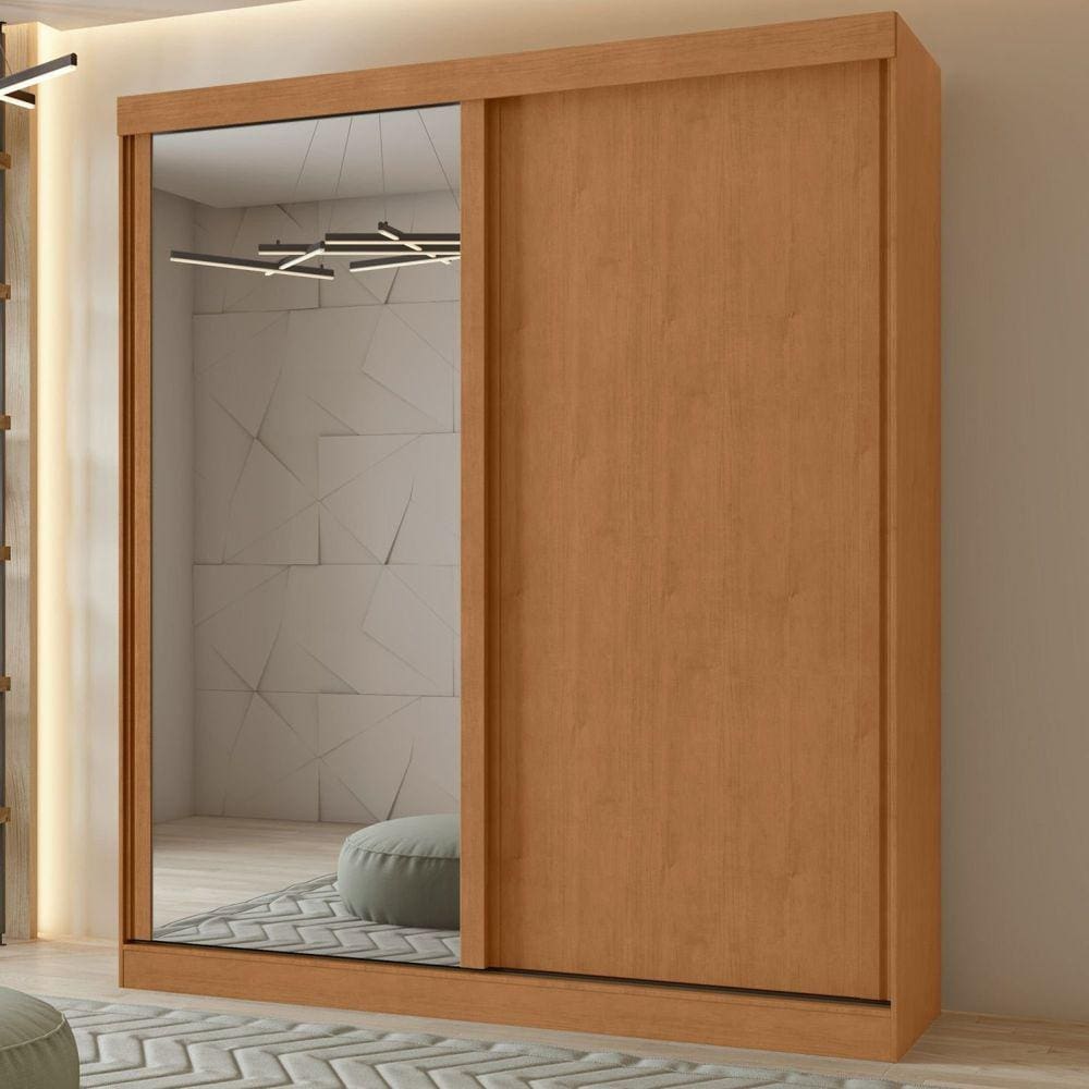 Guarda-Roupa Casal 2 Portas 2 Gavetas Zeine com espelho Amêndoa Clean/Off White/Amêndoa Clean