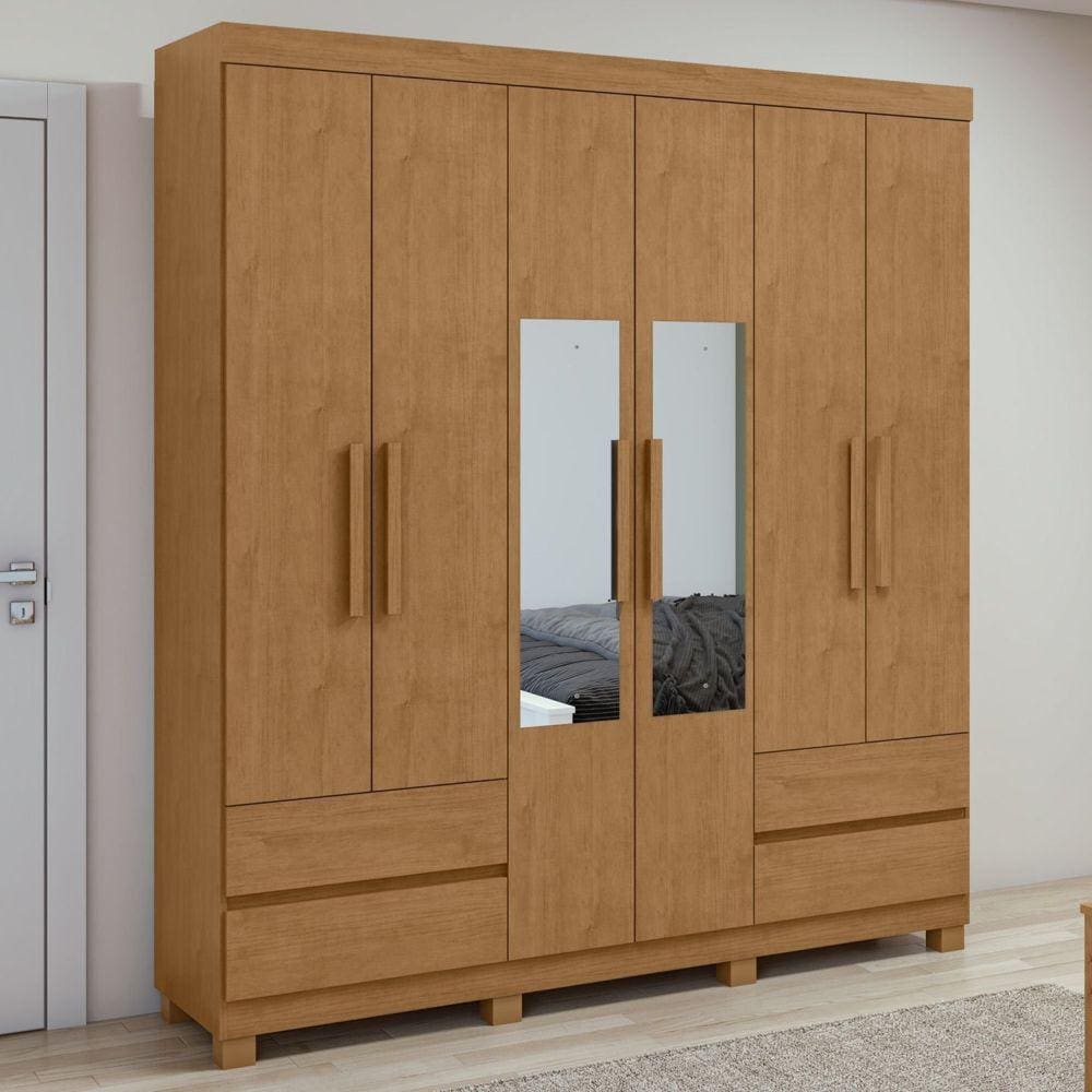 Guarda-Roupa 6 Portas 4 Gavetas Zeus com espelho e com Pés Amêndoa Clean