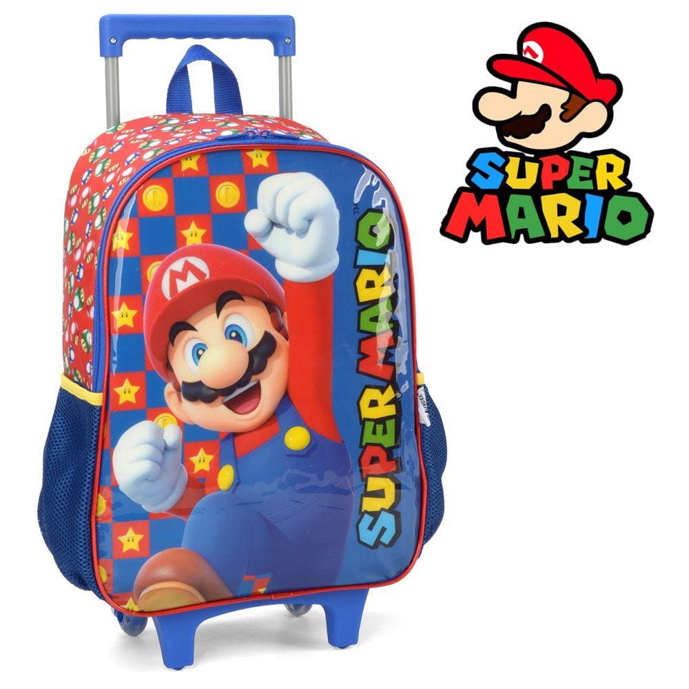 Mochila Mario Bros de Rodinhas Infantil Azul Meninos Escolar