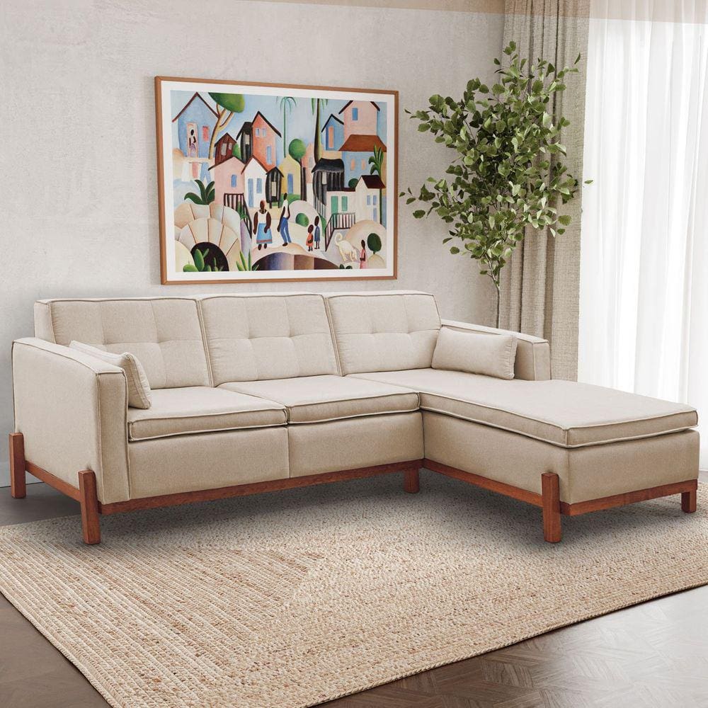 Sofá Tiê 3 Lugares com Chaise Lado Esquerdo 218cm em Linho CabeCasa MadeiraMadeira Bege