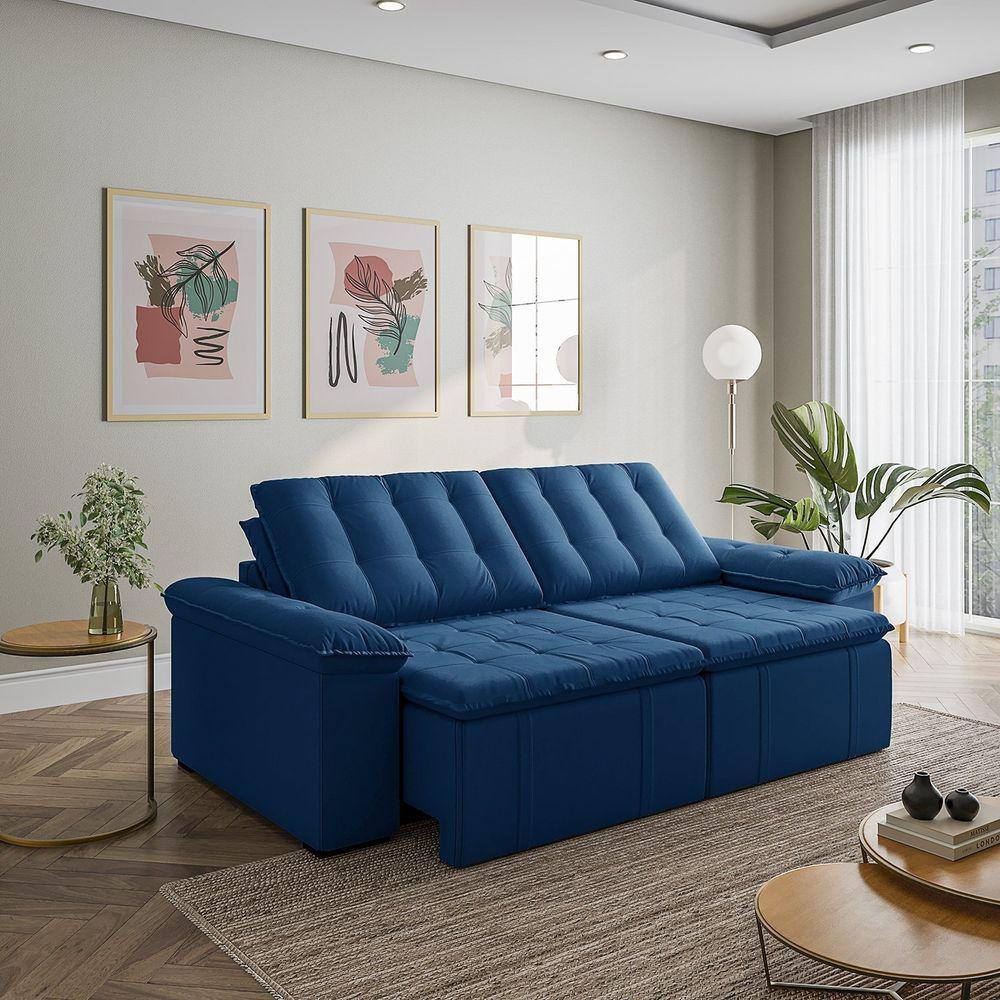 Sofá Cama Retrátil e Reclinável 3 Lugares 260cm em Veludo com Molas Palmeira Cabecasa Madeiramadeira Azul
