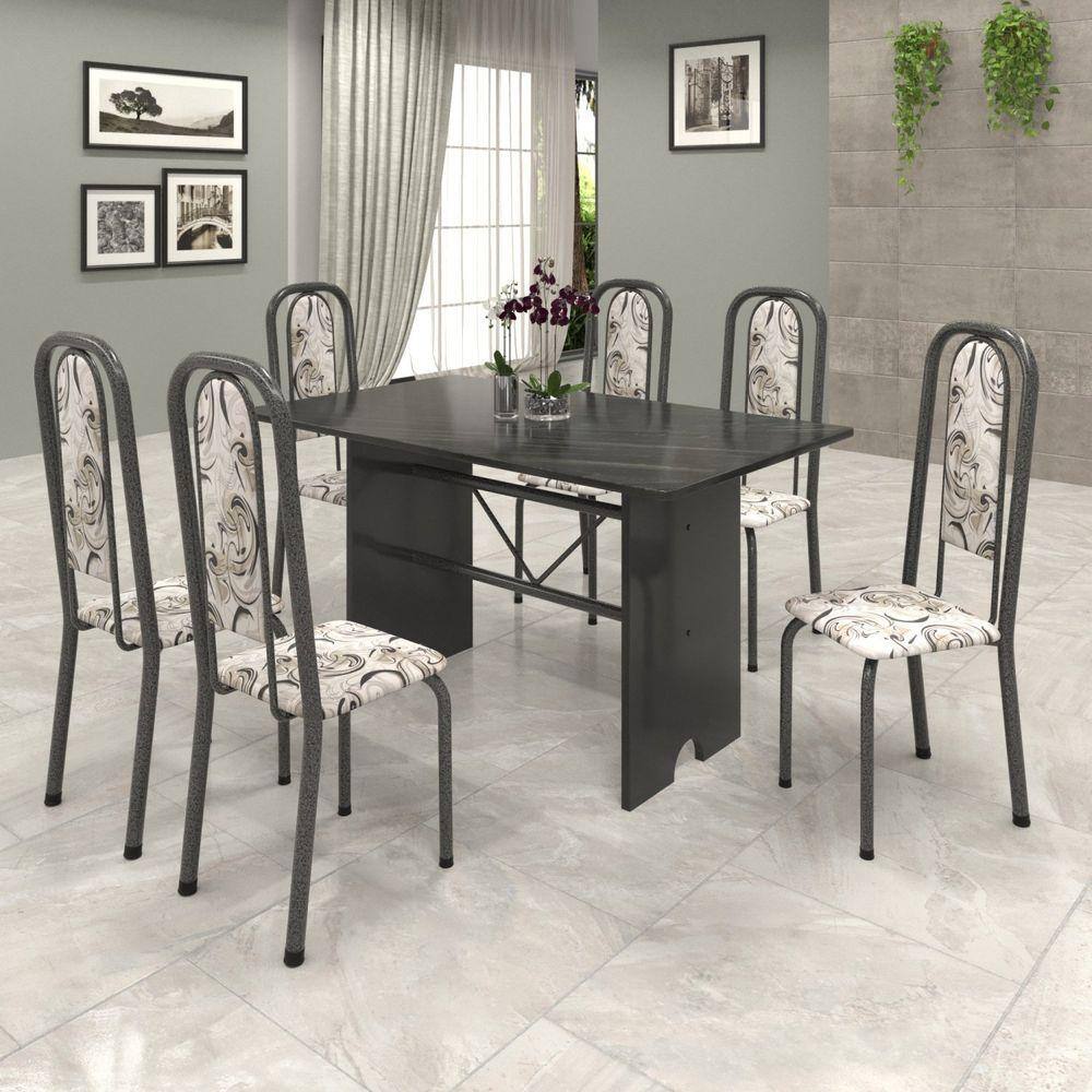 Conjunto de Mesa 140x75cm Tampo Ardósia com 6 Cadeiras Lavínea Soma Móveis Martelado Prata/Arabesco