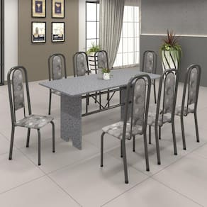 Conjunto de Mesa 180x75cm Tampo Granito com 8 Cadeiras Lavínea Soma Móveis Martelado Prata/Ocre/Paraopeba