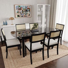 Conjunto Mesa de Jantar Tampo Vidro e MDF 1,80m e 6 Cadeiras Tiê CabeCasa MadeiraMadeira Preto/Bege Claro