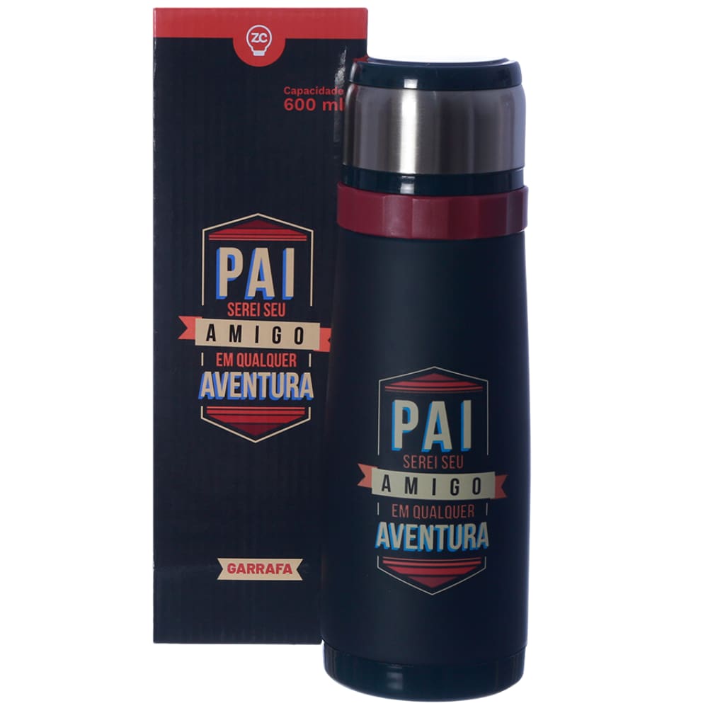 Garrafa Térmica 12 Horas Pai Amigo Preta Tampa De Copo 600ml