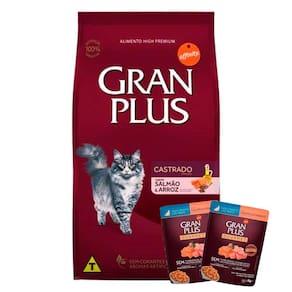 Ração Gran Plus Gatos Adultos Castrados Salmão e Arroz 10,1kg + Surpresa