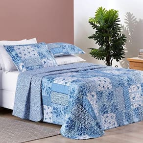 Colcha Estampada Dupla Face Bouti Casal 03 Peças - Azul Sereno