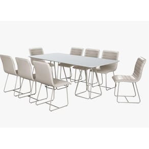 Conjunto Mesa De Jantar Milão Off White Com 8 Cadeiras Cristal Couro Pérola Metal Champanhe