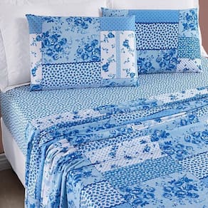 Jogo De Cama Lençol Bouti Estampado Casal Padrão 04 Peças - Azul Sereno