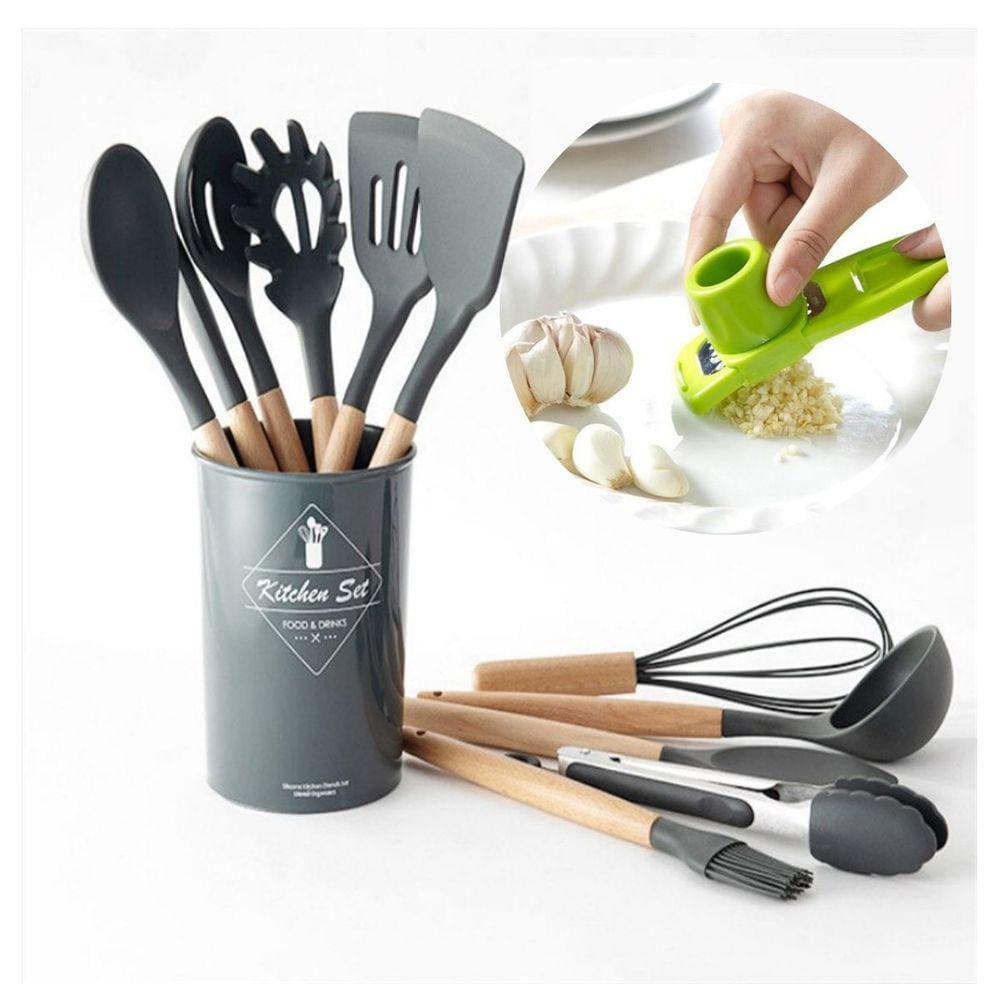 Kit 12 Utensílios De Cozinha Silicone Cabo Madeira Colher de Silicine CINZA + RALADOR DE ALHO E GENGIBRE