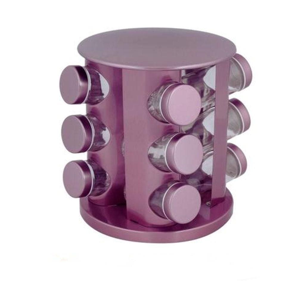 Porta Condimento Inox rosa com base Giratória 12 potes