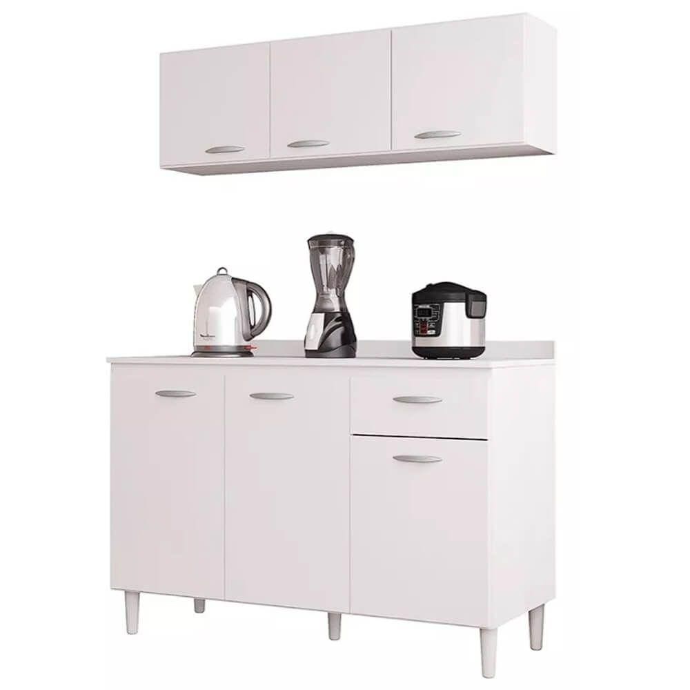 Armário Aéreo com Balcão Poquema 120cm 6 Portas 1 Gaveta Poquema Cor Branco