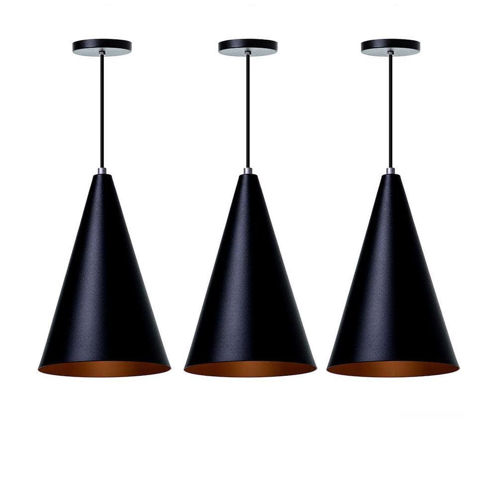 Kit 3 Lustre Pendente Cone M Preto Alumínio Decoração