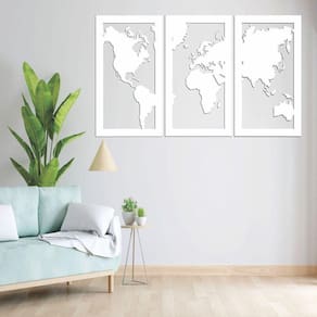 Quadro Decoração Vazado Mapa Mundi Mdf 6Mm Branco 130X80 Cm