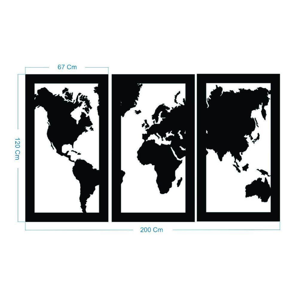 Quadro Decoração Vazado Mapa Mundi Mdf 6Mm Preto 200X120 Cm