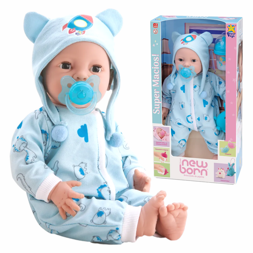 Brinquedo Boneca Bebê Diver New Born Brincando de Pijama Com Acessórios Divertoys Azul Ref-8192