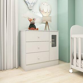 Cômoda Infantil 1 Porta com Janela Retangulo e 3 Gavetas 100% MDF Cocada Branco Brilho