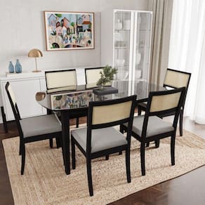 Conjunto Mesa de Jantar Tampo Vidro e MDF 1,60m e 6 Cadeiras Tiê CabeCasa MadeiraMadeira Preto/Cinza
