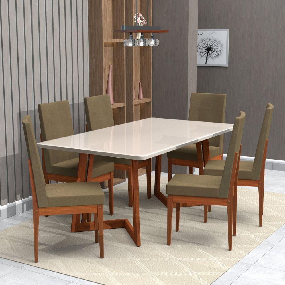 Conjunto Sala de Jantar 6 Lugares com Mesa e Cadeira em Veludo 160x90cm A104 Móveis Meneghetti Caramelo/Chocolate