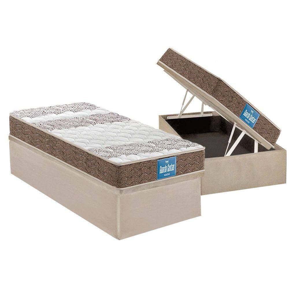 Cama Box Baú Solteiro: Colchão Espuma D33 Probel  / EP Guarda Costas PróIntense Plus Double Face + Base CRC Suede Clean(88x188)