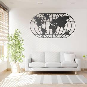 Quadro Decoração Vazado Mapa Mundi World Uno Preto 120X65 Cm