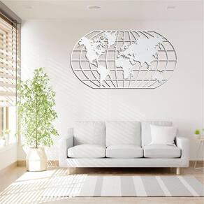 Quadro Decoração Vazado Mapa Mundi World Uno Branco 70X37 Cm