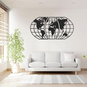 Quadro Decoração Vazado Mapa Mundi World Triplo Preto 120X65