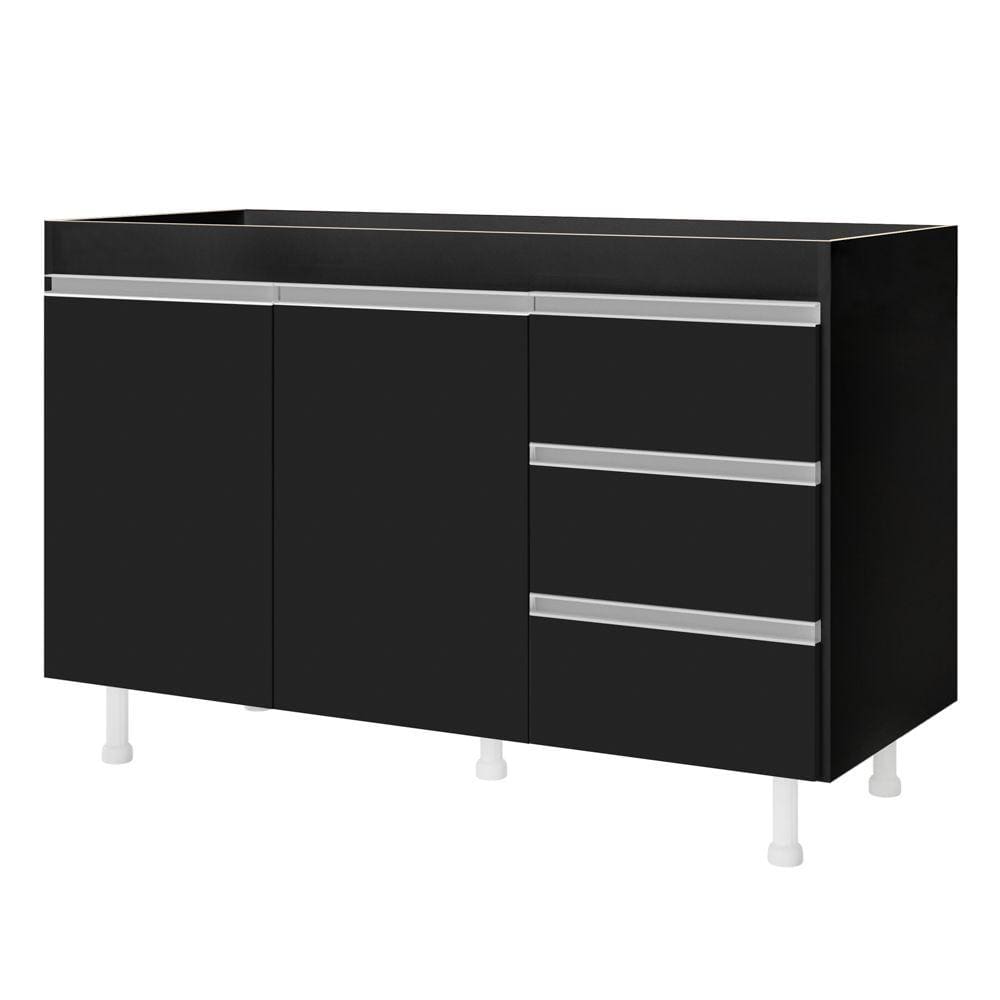 Balcão Gabinete Lux Para Pia de 120cm 100% MDF Sem Tampo 02 Portas e 03 Gavetas Preto - Desk Design