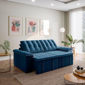 Sofá Cama Palmeira 3 Lugares Retrátil Reclinável 2,20m Veludo com Molas CabeCasa MadeiraMadeira Azul