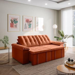 Sofá Cama Palmeira 3 Lugares Retrátil Reclinável 2,20m Veludo com Molas CabeCasa MadeiraMadeira Terracota