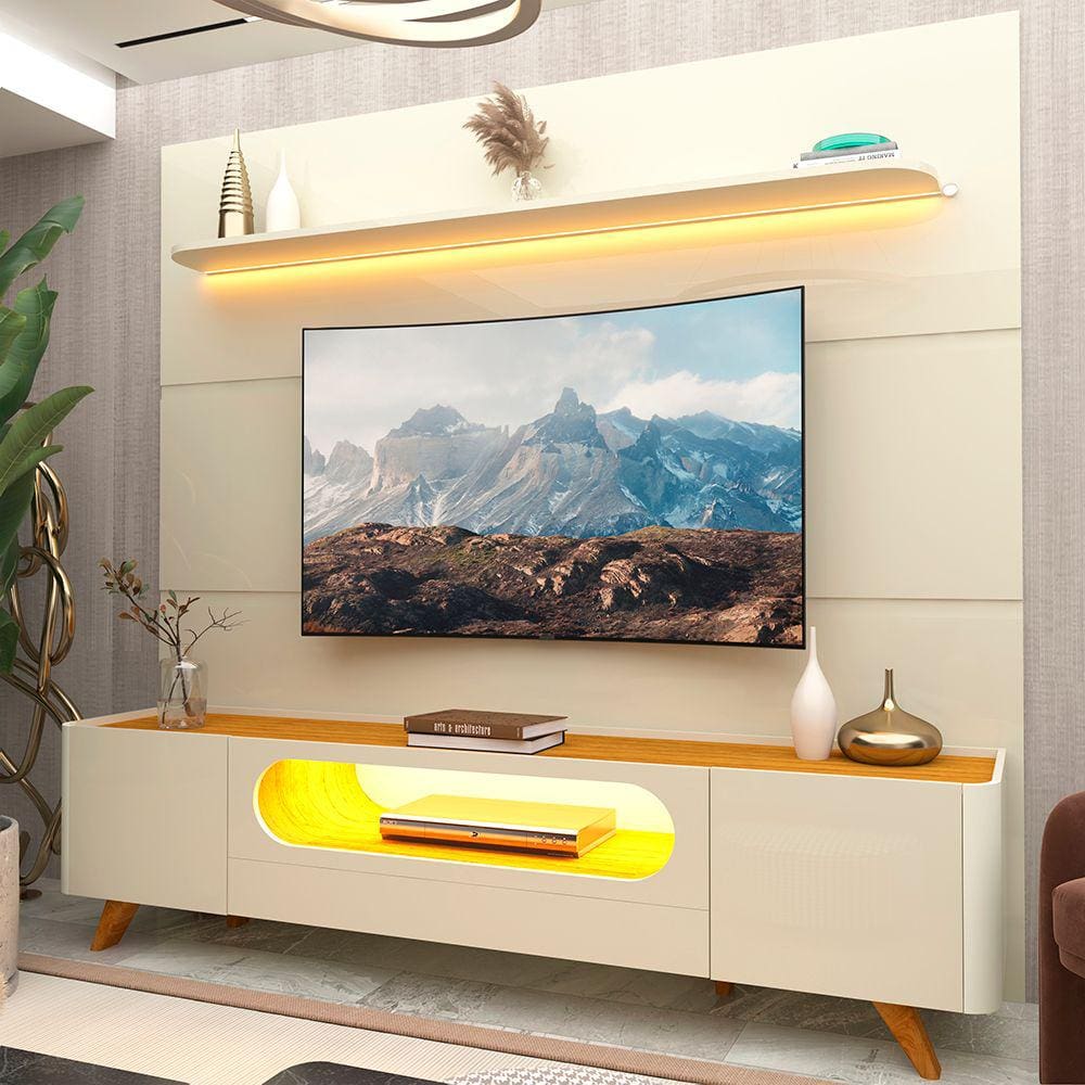 Rack E Painel Para TV Até 75 Com Led Nobre Royal 220 Com Pés Off Naturale - Gelius