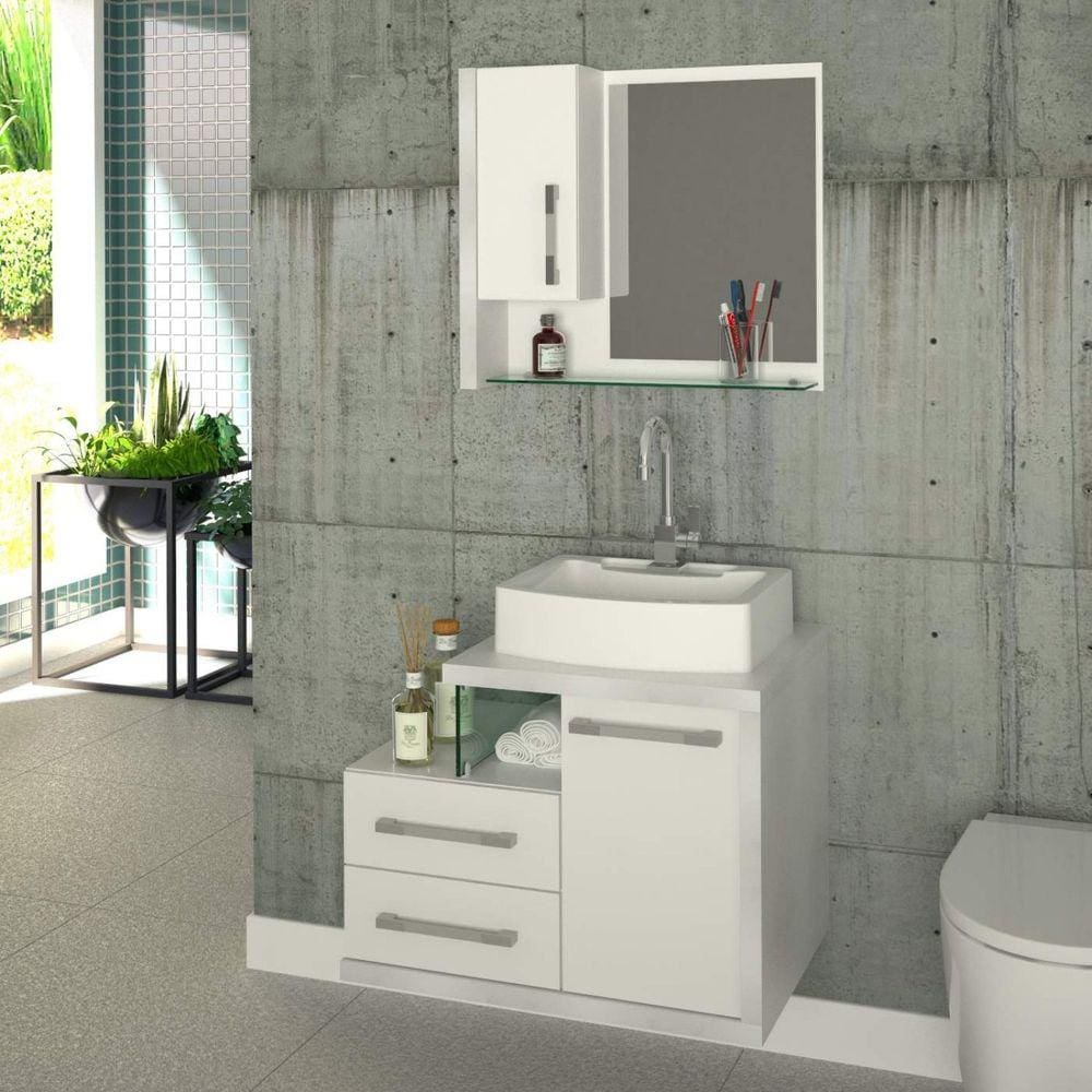 Conjunto para Banheiro Gabinete com Cuba e Espelheira Legno 650W Compace Branco/Branco Chess