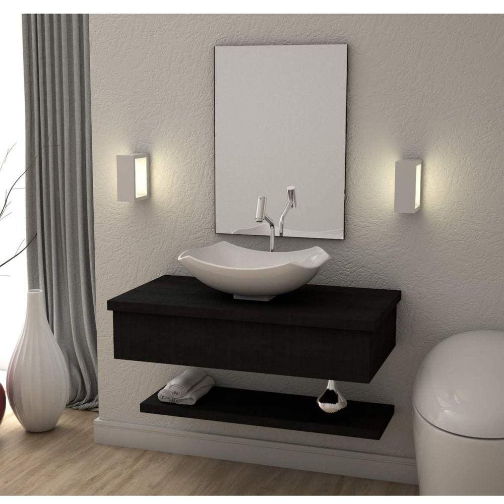 Conjunto para Banheiro Gabinete 80cm Cuba Abaulada L42 Prateleira e Espelheira 806W Metrópole Compac Preto Onix