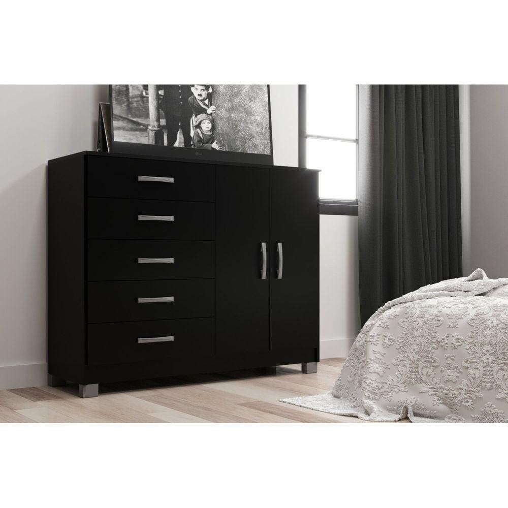 Cômoda com Pés 2 Portas 5 Gavetas 123cm Preto