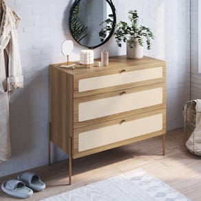 Cômoda 3 Gavetas Palhinha Pé Metal Dourado Oslo Artesano Hanover/Dourado