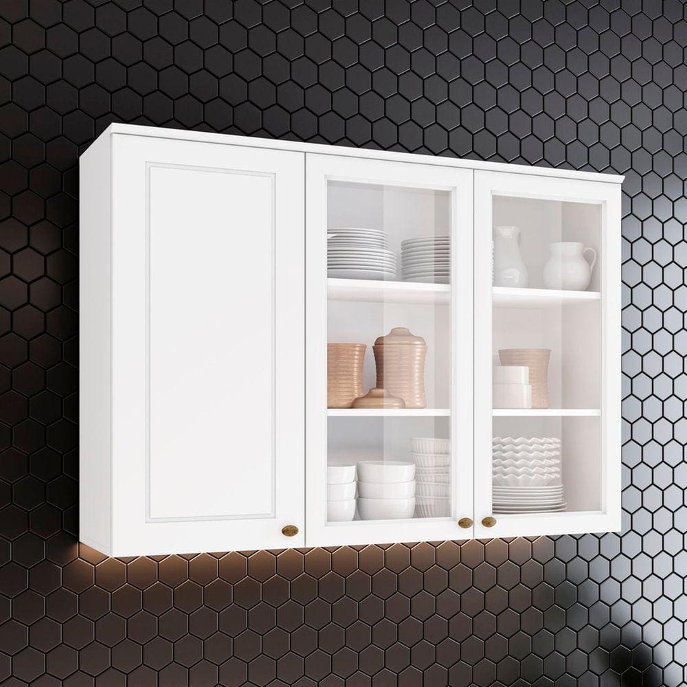 Armário Aéreo 3 Portas de Vidro 120cm Internacional Henn Branco