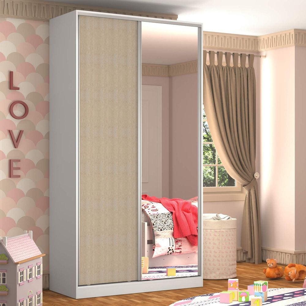 Guarda-Roupa Solteiro 1 Espelho 2 Portas 3 Gavetas Branco e Noce