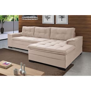 Sofá 3 Lugares com Chaise Suede Aveludado Império Estofados Areia