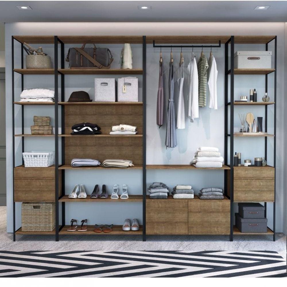 Conjunto de 4 Estantes Guarda-Roupa para Closet com 8 Gavetas Industrial Artesano Vermont/Preto