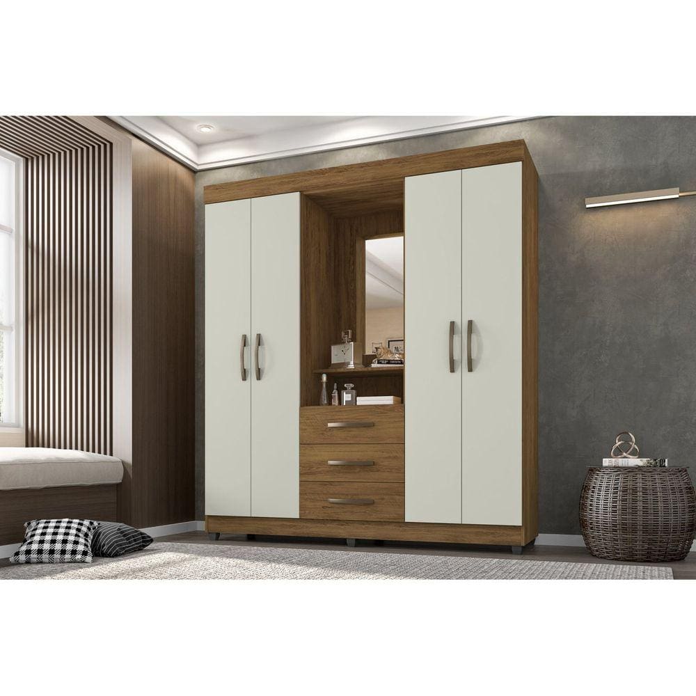 Guarda Roupa Casal com Espelho 4 Portas 3 Gavetas New Capela Espresso Móveis Freijó/Cinza Cristal