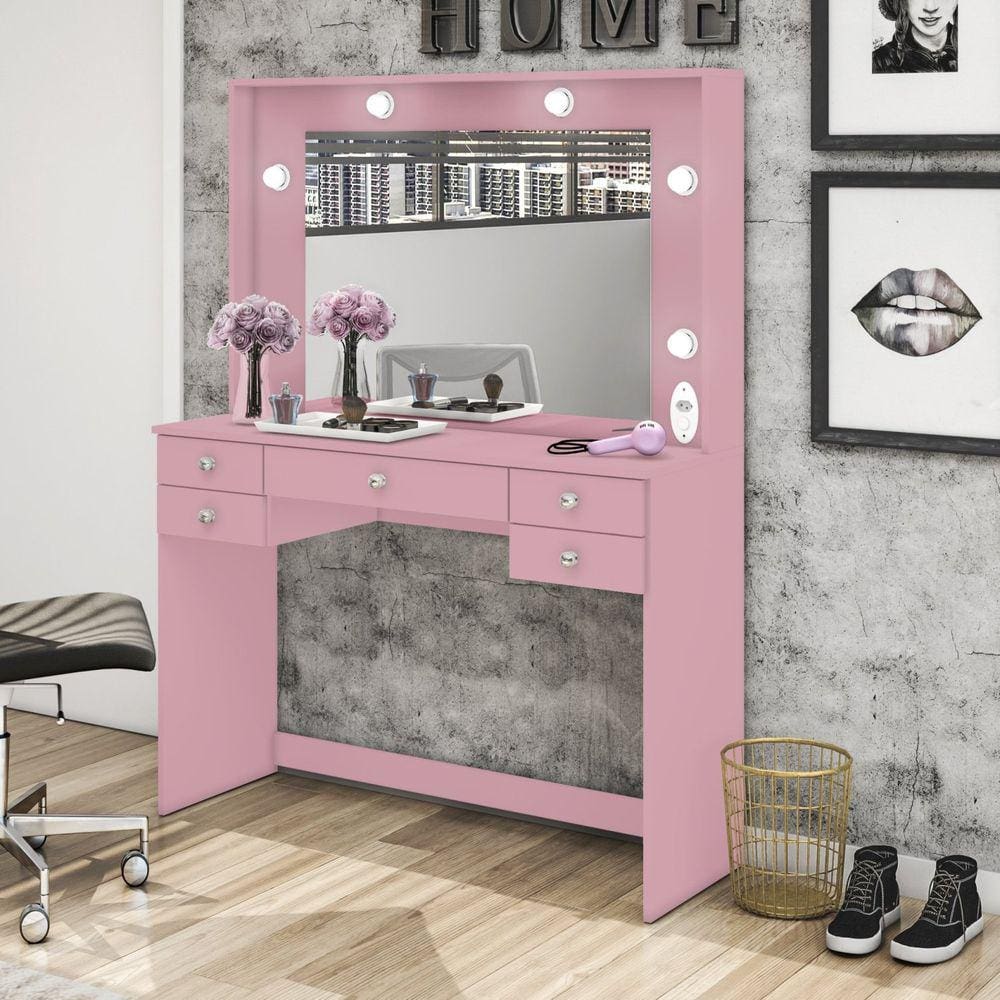 Penteadeira 5 Gavetas 117cm Movelbento Rosa