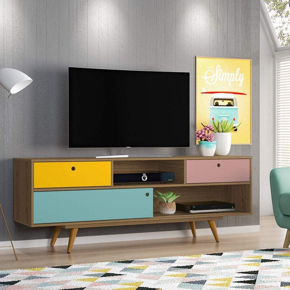 Rack para TV 48 Polegadas Retro Color Olivar Mel Freijo/Rose/Turquesa/Amarelo