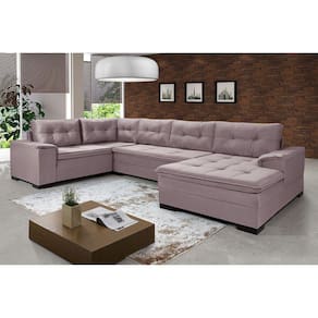 Sofá de Canto 6 Lugares com Chaise Suede Aveludado Viena Império Estofados Nude
