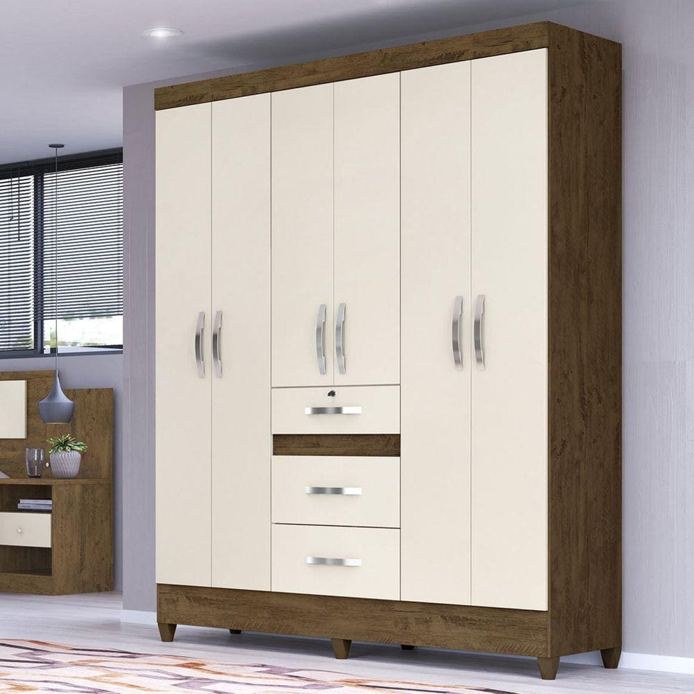 Guarda-Roupa Casal 6 Portas 3 Gavetas com Chave Itatiba Moval Castanho Wood/Baunilha
