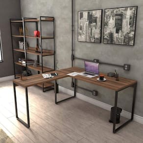 Escritório Completo com Mesa de Escritório em L e 2 Estantes Multiuso 5 Prateleiras Espresso Móveis Nogal/Preto