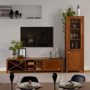 Conjunto Rack e Cristaleira Madeira Maciça Primavera Cabecasa Madeiramadeira Marrom