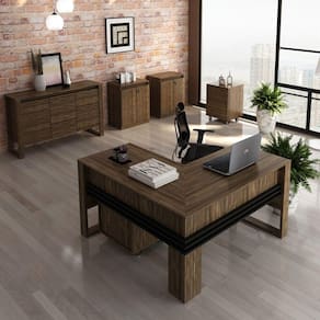 Conjunto Home Office 6 Peças Nogal/Preto Tecno Mobili Nogal/Preto