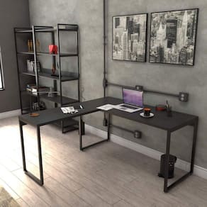 Escritório Completo com Mesa de Escritório em L e 2 Estantes Multiuso 5 Prateleiras Espresso Móveis Preto