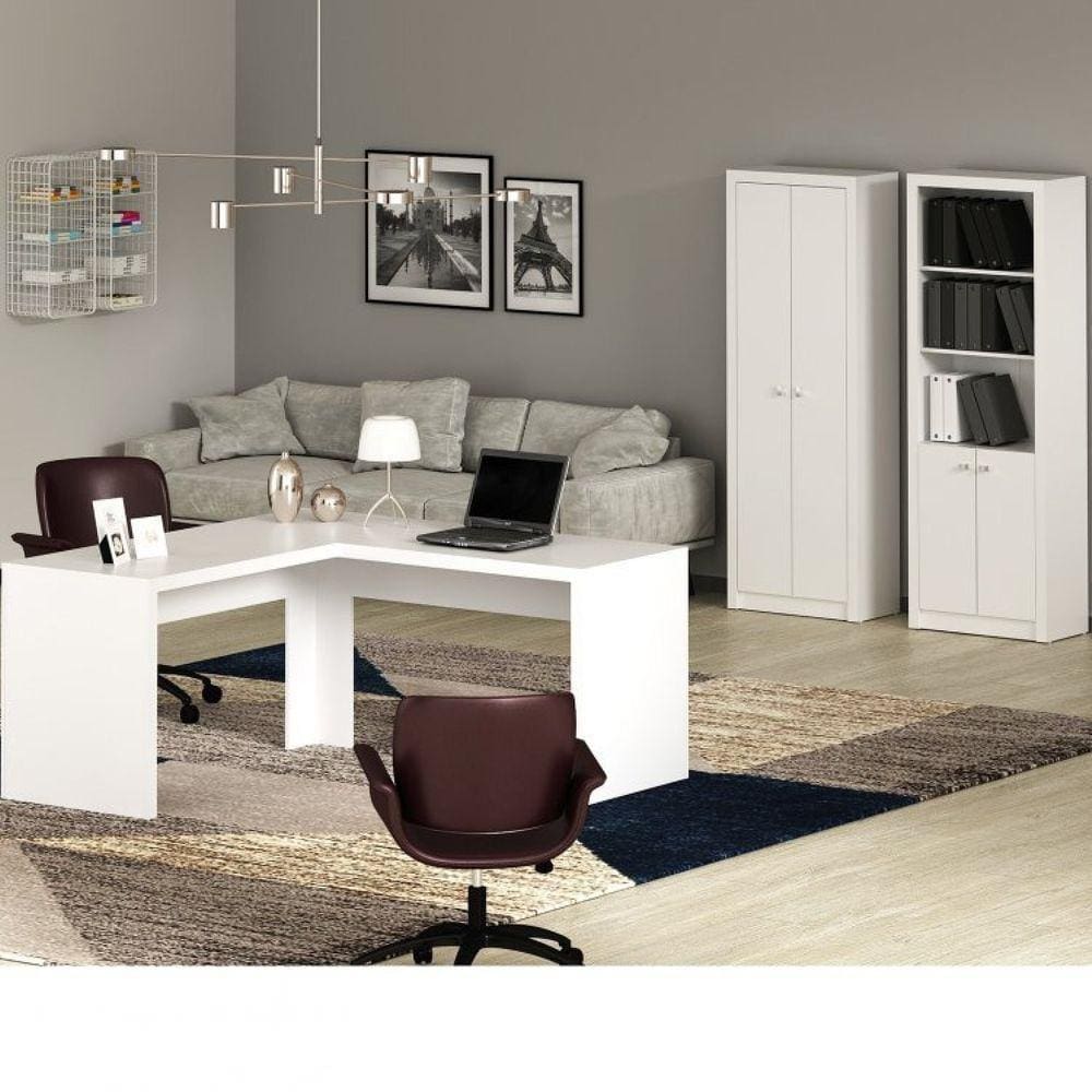 Conjunto Home Office 3 Peças 1 Mesa para Escritório em L 1 Armário e 1 Estante Tecno Mobili Branco