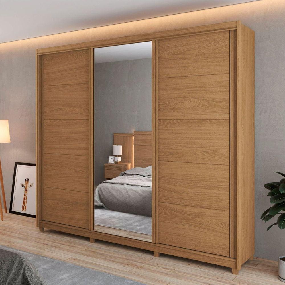 Guarda Roupa Casal com Espelho 3 Portas 4 Gavetas Maximus Móveis Fazzio Freijó